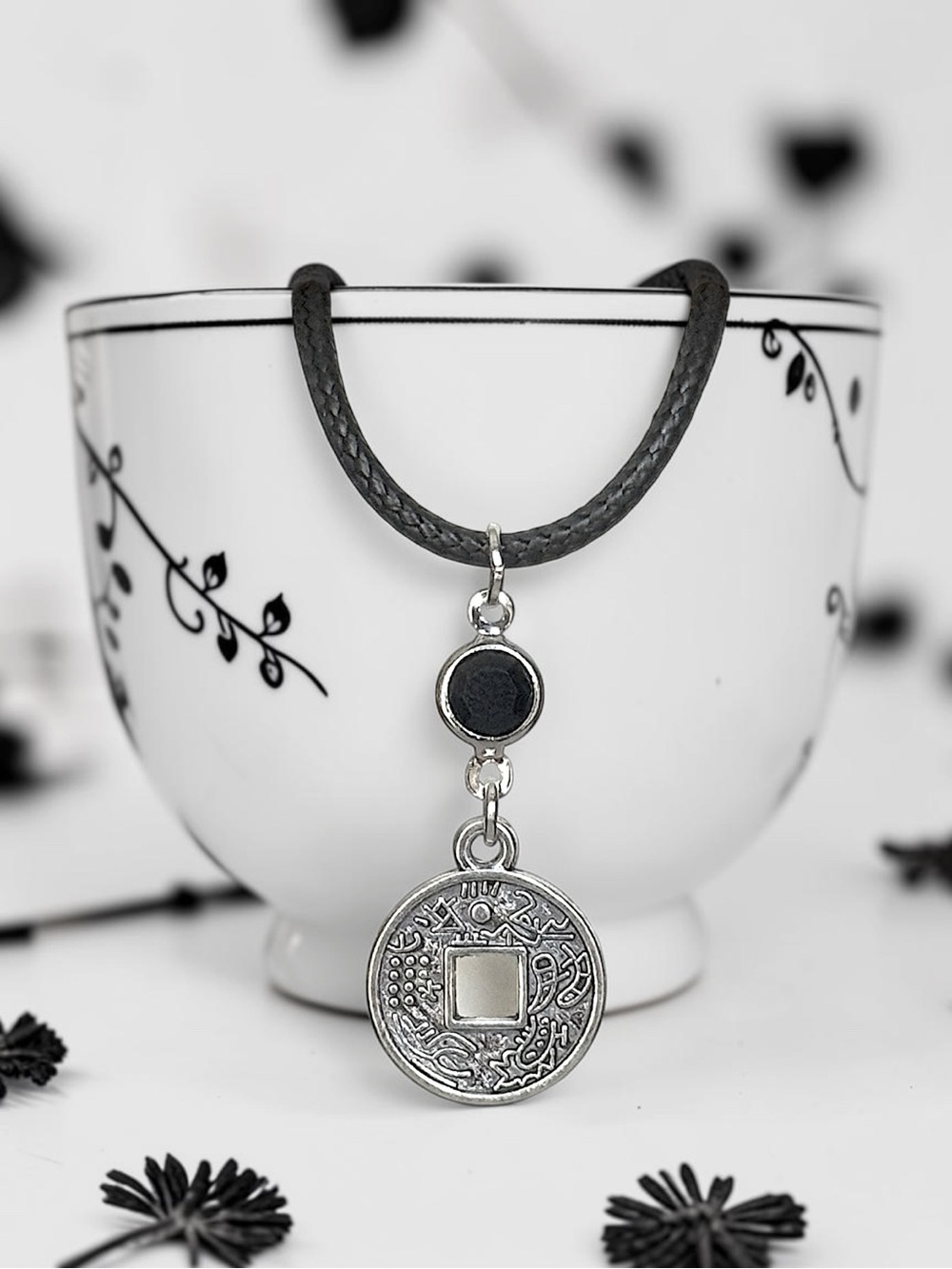 5 For $25💫Silver Turkish Coin Pendant Necklace With a Black Acrylic Gem Accent